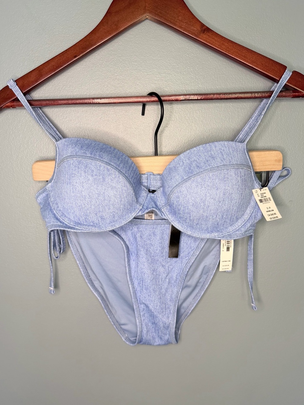 NWT PINK Victoria's Secret Blue Padded Bikini Top & Tie Bottom | Size Small